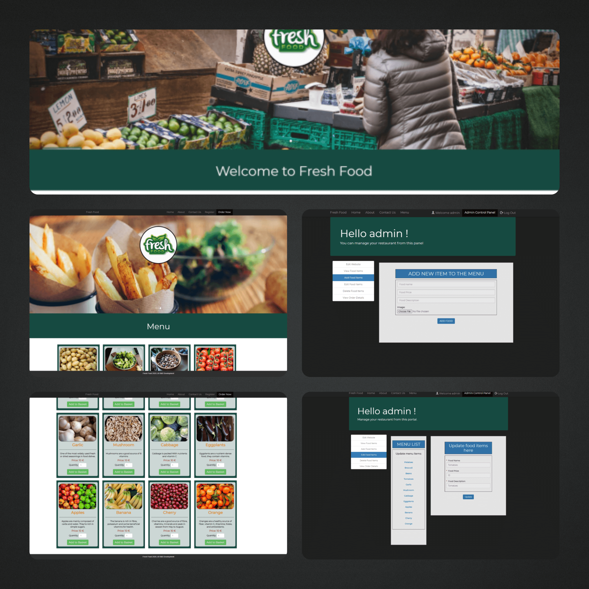 Screenshots of my project food ordering website displaying menu items and other features
