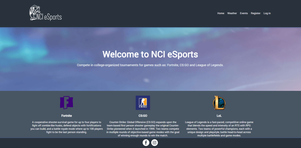 Image of the NCI E-Sports website featuring upcoming tournaments and events.